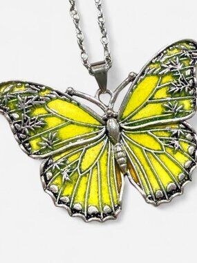 Yellow Butterfly Pendant Necklace Silver Tone 16 Inch Chain